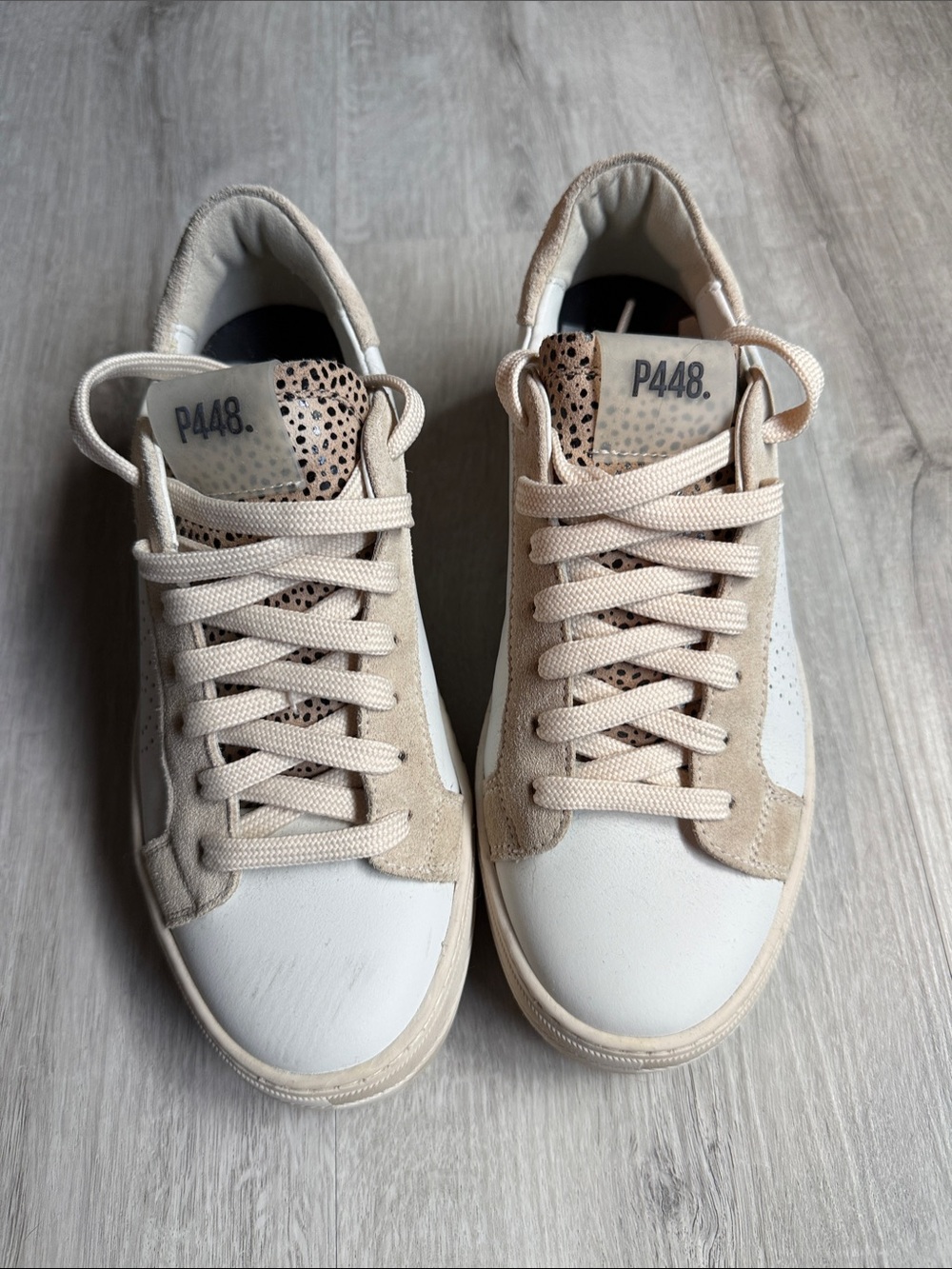 P448 Women's Beige White You Can Surf Later Sneakers with Leopard Tongue
